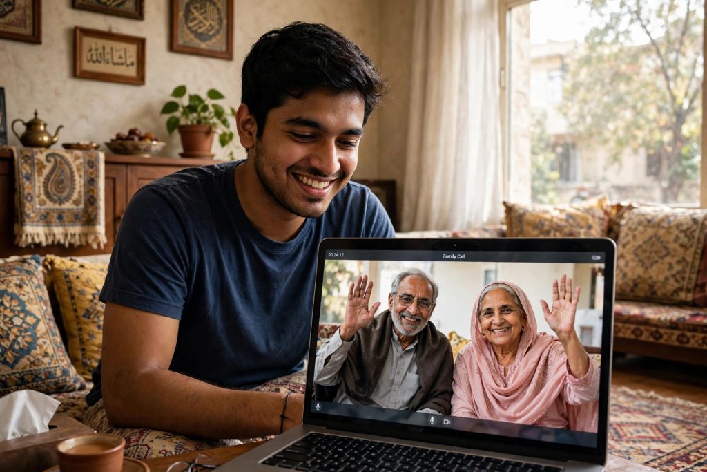 Family video call on a laptop at home in Pakistan