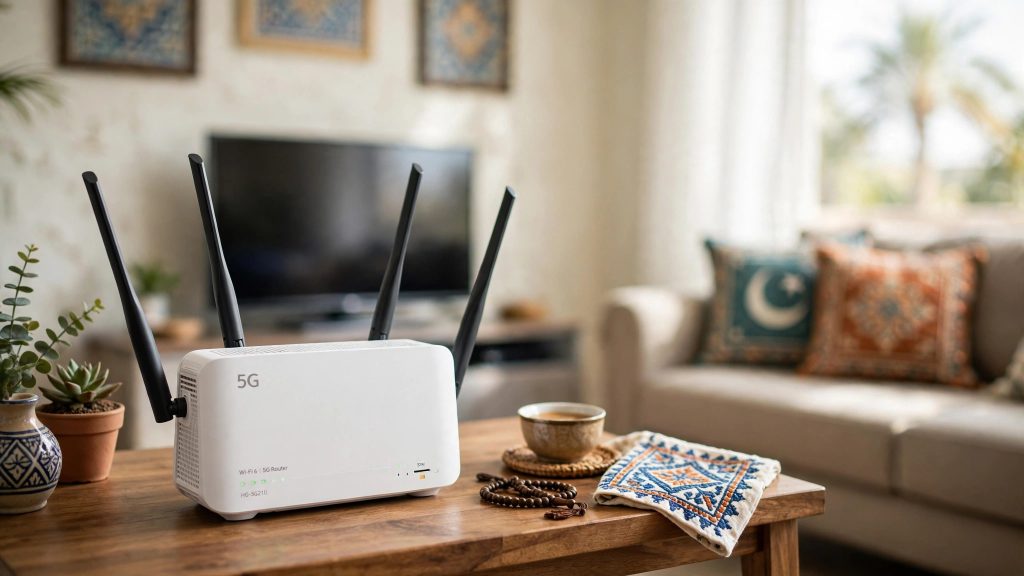 5G home Wi-Fi router on a side table in a living room