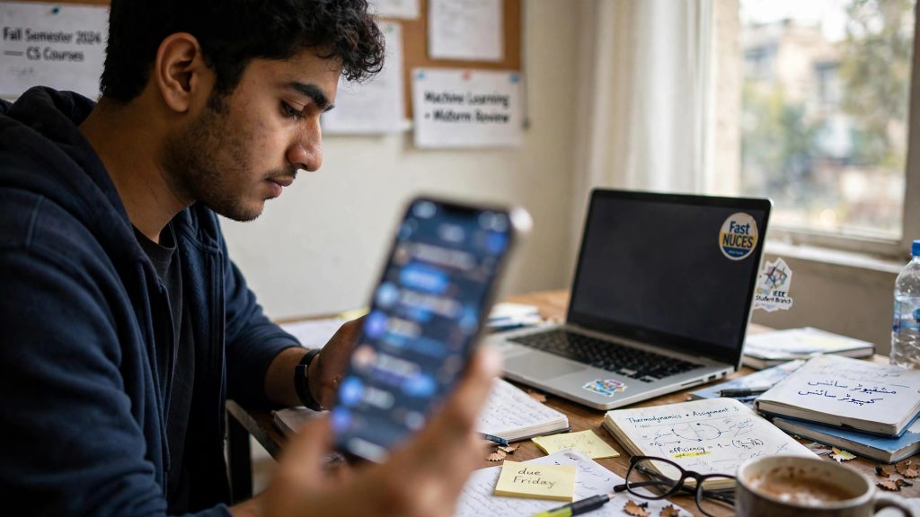 Student using an AI assistant app on a smartphone at a study desk
