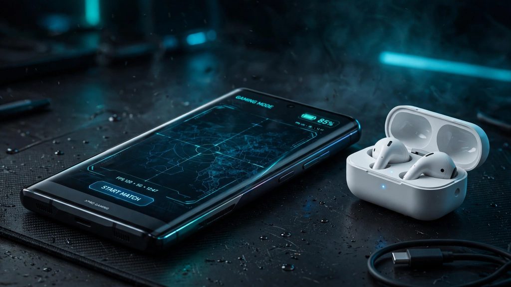 Gaming smartphone with a curved display on a desk with earbuds