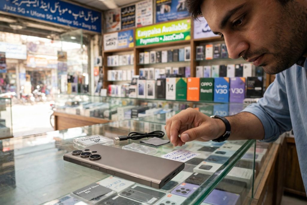 Premium flagship smartphone on a glass counter in a mobile phone shop in Pakistan