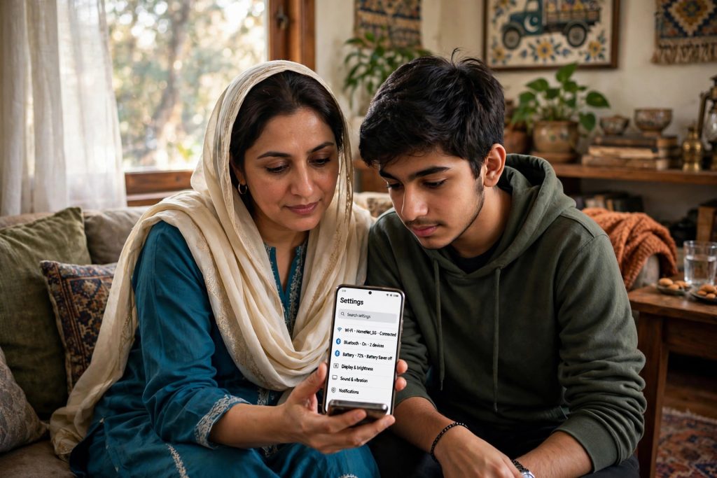Mother and teenage son looking at WhatsApp settings on a phone together