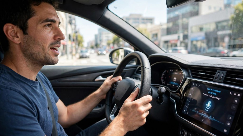 Driver using a voice assistant on a car dashboard screen
