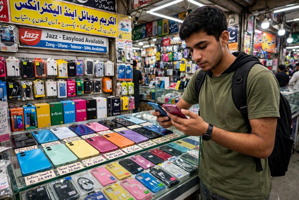 Budget smartphones on display in a mobile phone shop in Pakistan