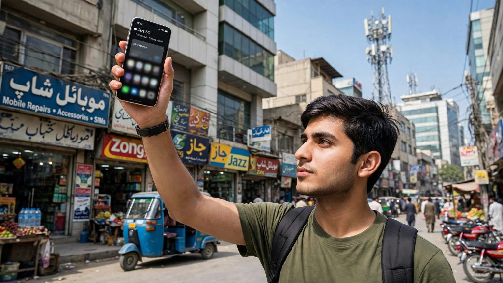 Young man checking 5G signal on his phone in a Pakistani city