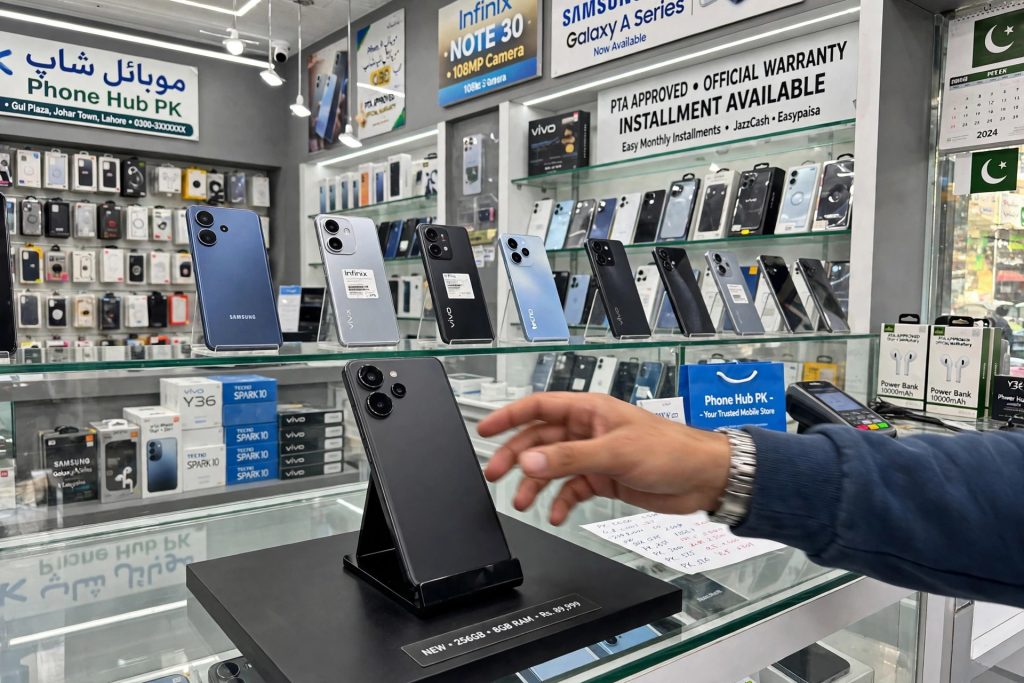 New smartphone on display in a mobile phone shop in Pakistan
