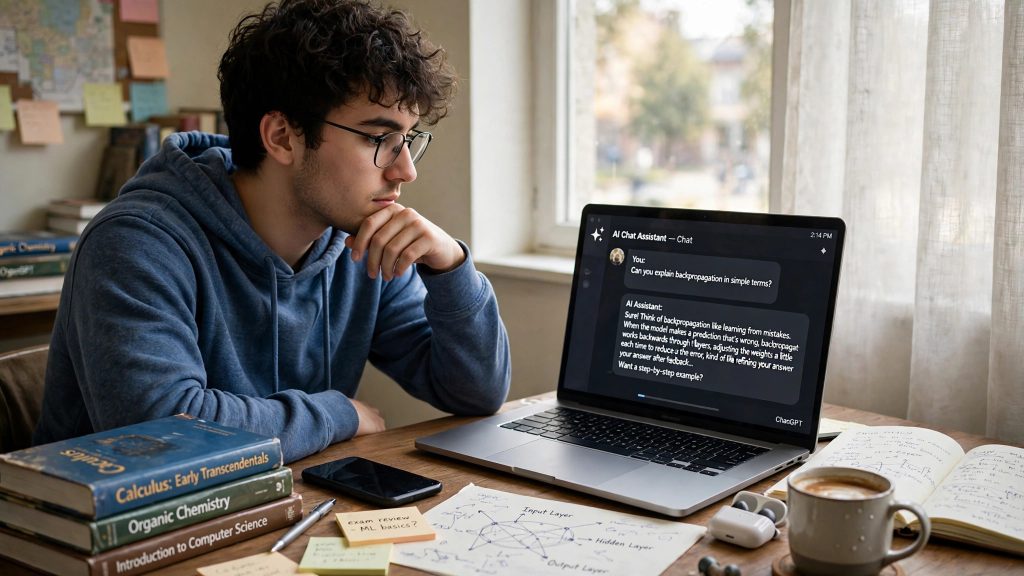 Student at a desk using an AI assistant on a laptop