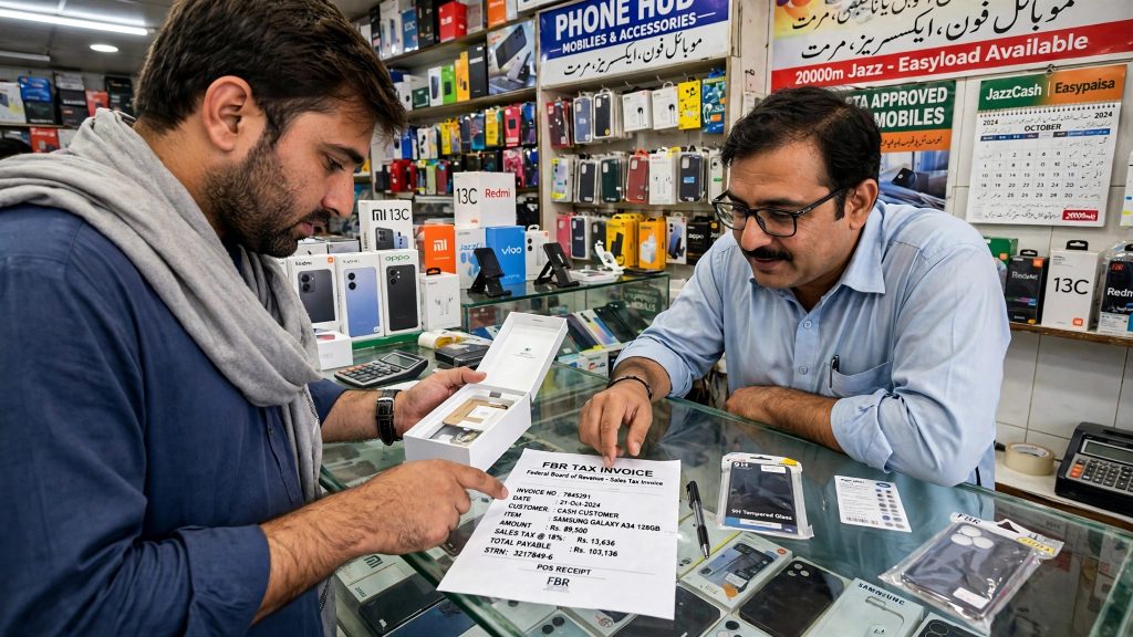 Customer checking a phone tax slip at a mobile shop counter in Pakistan