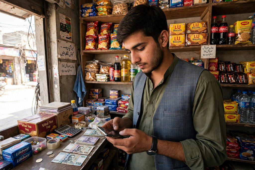 Shopkeeper using a mobile wallet app on his phone