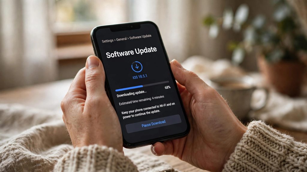 Hands holding a smartphone showing a software update screen