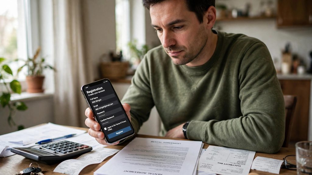 Man at home checking phone registration documents and tax details