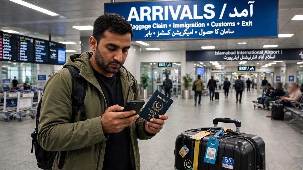 Pakistani traveler at an airport holding his phone and passport