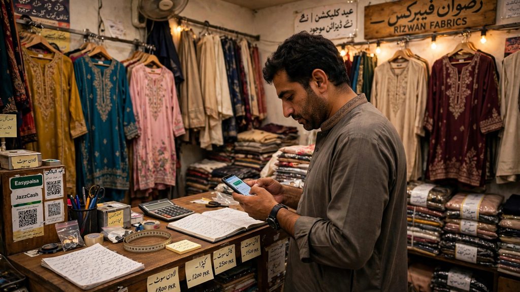 Shop owner replying to customers on WhatsApp at his shop counter