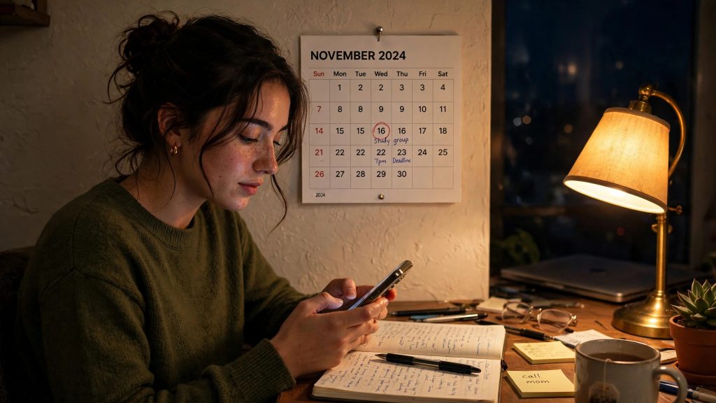 Woman scheduling a message on her phone at night