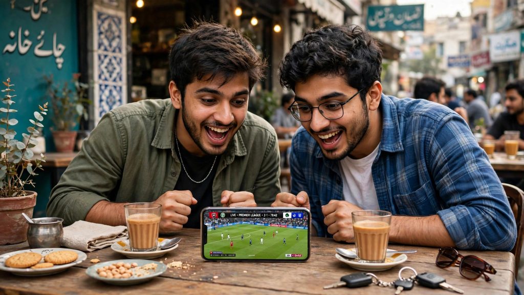 Friends watching a football match on a phone at a cafe