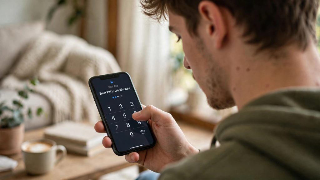 Man entering a PIN to unlock a chat on his phone