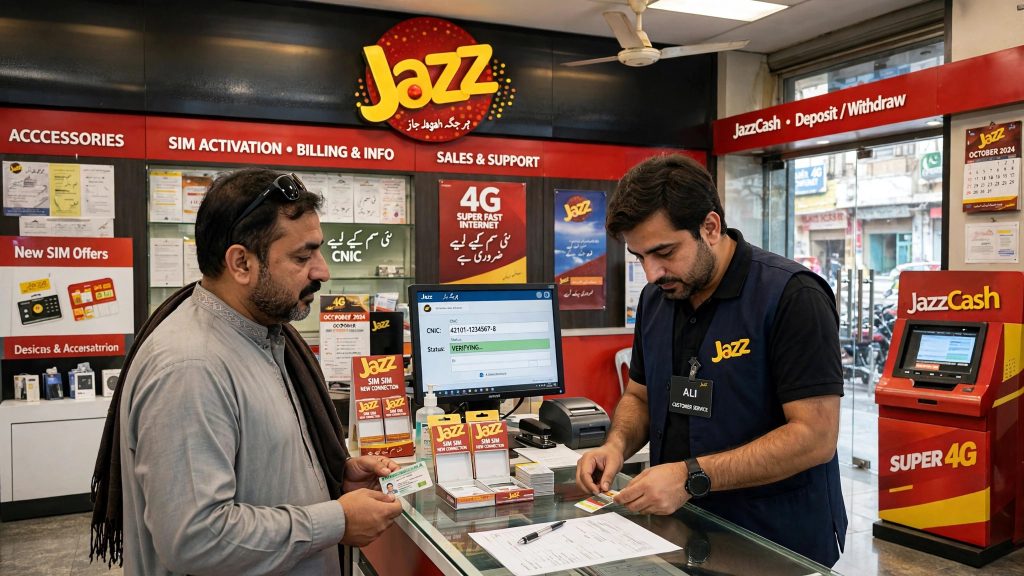 Customer getting a SIM activated at a mobile franchise in Pakistan