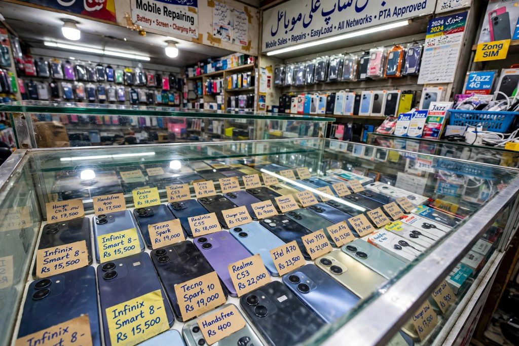 Budget smartphones with price tags in a mobile shop display