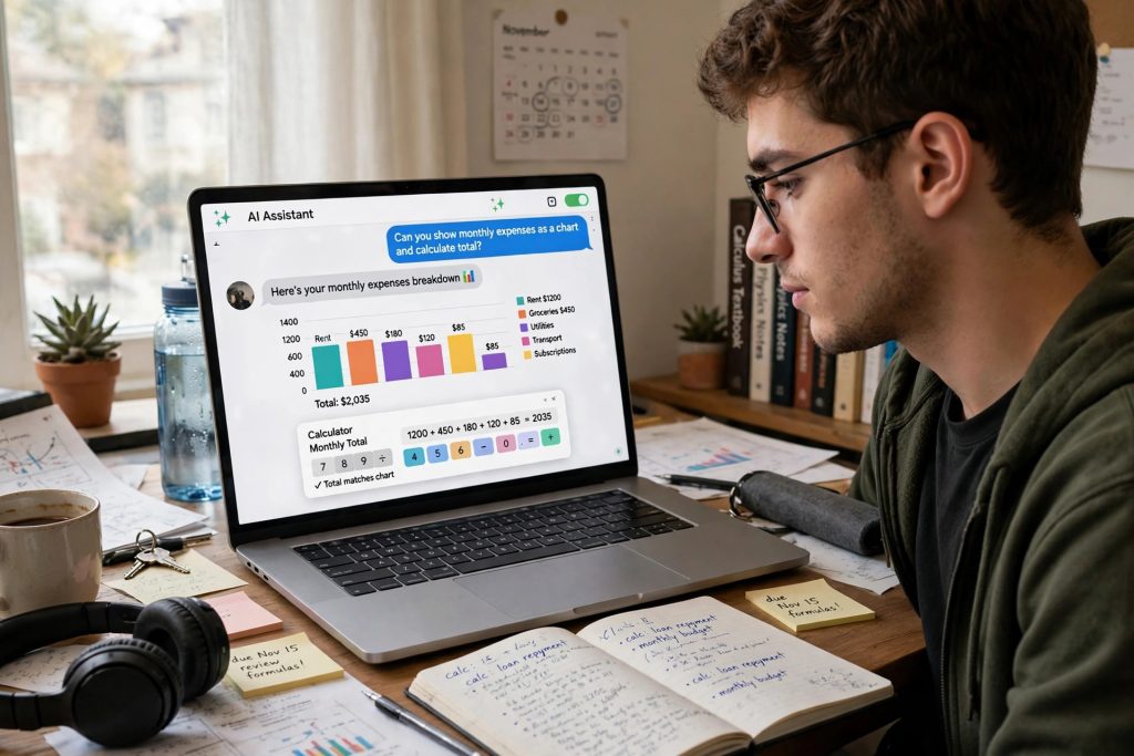 Student viewing an AI chat with a chart and calculator on a laptop